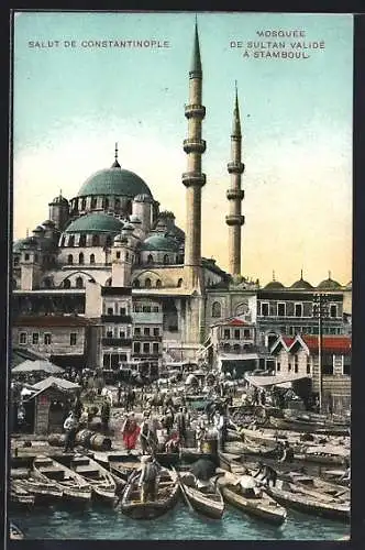 AK Constantinople, Mosquée de Sultan Validé, Stamboul, Boote am Hafen