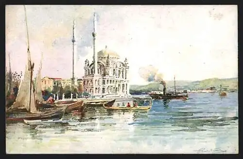 Künstler-AK Constantinople, Ortakouy, Moschee am Ufer