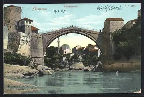 AK Mostar, Römerbrücke, Durchblick zur Moschee