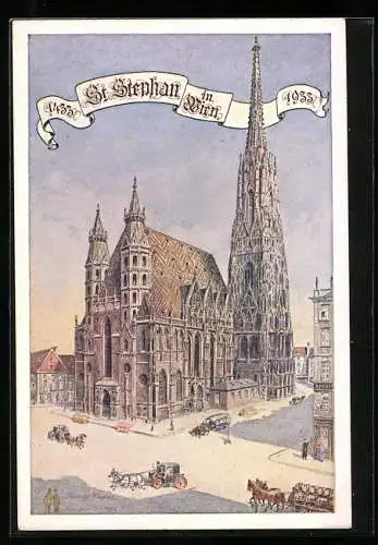 Künstler-AK Wien, St. Stephansdom mit Kutschen 1933