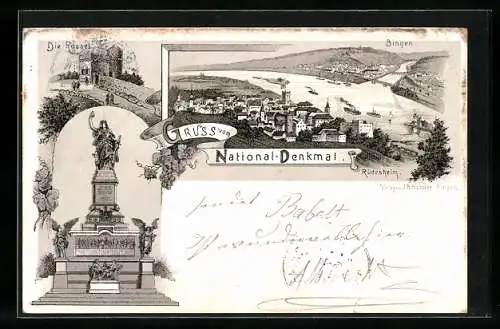 Lithographie Rüdesheim, Niederwalddenkmal, Die Rossel, Bingen