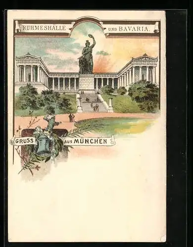 Lithographie München, Ruhmeshalle und Bavaria