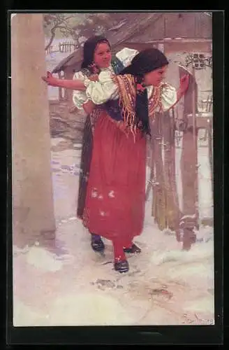 Künstler-AK Obrazy z Chodska, Zwei Mädchen in tschechischer Tracht an einem Tor im Winter