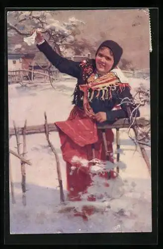 Künstler-AK Obrazy z Chodska, Mädchen in tschechischer Tracht winkt hinter einem Zaun