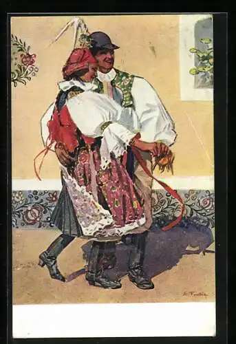 Künstler-AK Tschechisches Paar in Tracht