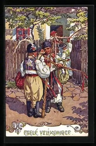 Künstler-AK Velikonoce, Jungen in tschechischer Tracht