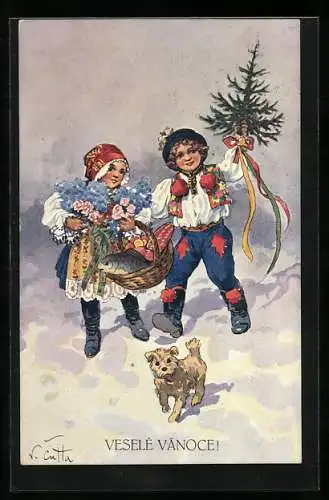Künstler-AK Zwei Kinder in tschechischer Tracht mit Weihnachtsbaum und Hund