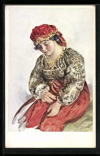 Künstler-AK Junge Frau im volkstümlicher Kleidung