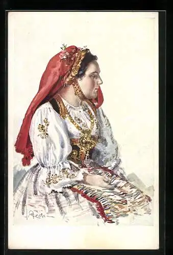 Künstler-AK Sitzende Dame in tschechischer Tracht