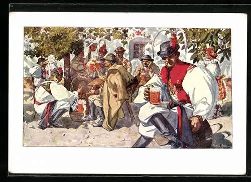 Künstler-AK Uh. Ostrohu, Rolnicka akciova spolecnost pivovarni a sladovni, Slowaken beim Biertinken