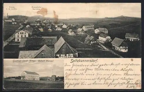 AK Spitzkunnersdorf, Gasthof Stadt Zittau, Ortsansicht mit Fabrik J. G. Kohler