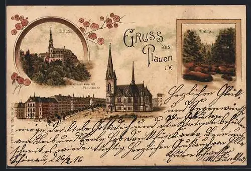 Lithographie Plauen i. V., Kaiserstrasse mit Pauluskirche, Schloss