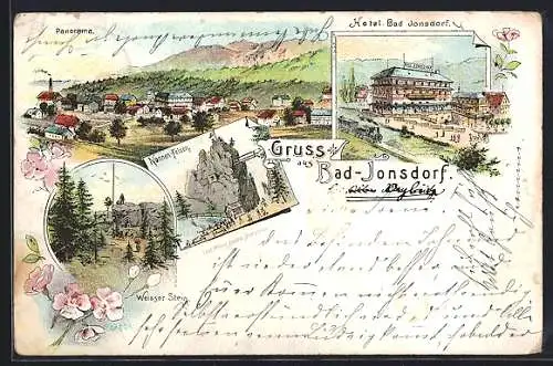 Lithographie Bad-Jonsdorf, Hotel Bad Jonsdorf, Nonnen-Felsen, Panorama