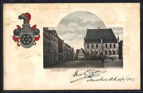 Passepartout-Lithographie Osnabrück, Markt mit Rathaus, Wappen