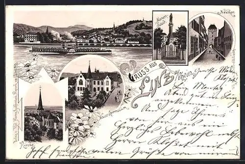 Lithographie Linz a. Rhein, Neues Gymnasium, Kirche, Marien-Säule