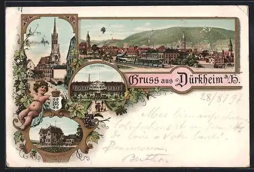 Lithographie Dürkheim a. H., Kinderheilstätte, Schloss-Kirche, Colonnade