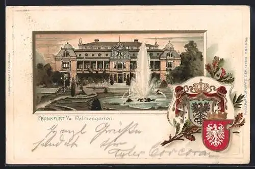 Passepartout-Lithographie Frankfurt-Westend, Palmengarten mit Springbrunnen, Wappen