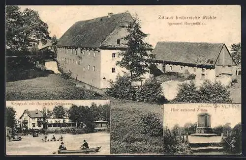 AK Zittau, Westpark mit Burgteich-Restaurant, Burgmühle