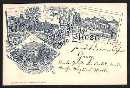 Lithographie Bad Elmen, Gradierwerk, Lindenbad, Kurhaus