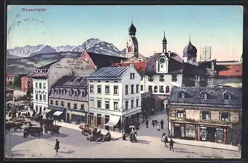 AK Rosenheim / Bayern, Strassenpartie mit Pferdewagen