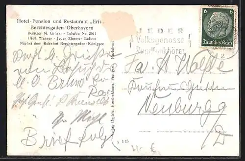 AK Berchtesgaden /Oberbayern, Hotel-Pension Erika, Bes. M. Grassl