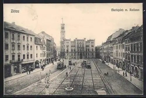 AK Zittau, Marktplatz mit Rathaus