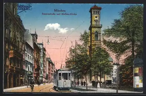 AK München, Sonnenstrasse und Mathias-Kirche mit Strassenbahn