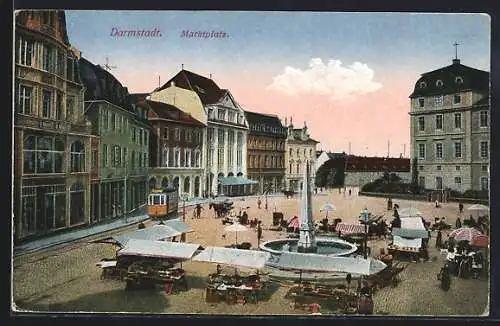 AK Darmstadt, Gelbe Strassenbahn auf dem Marktplatz