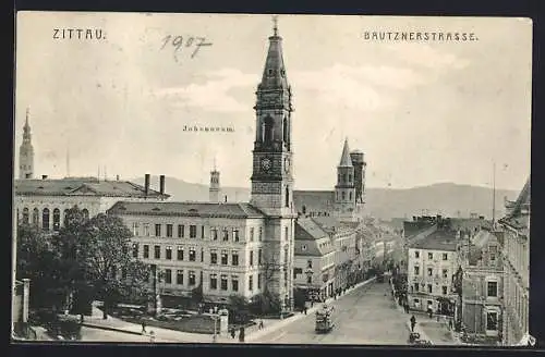AK Zittau, Bautznerstrasse mit Johanneum und Strassenbahn