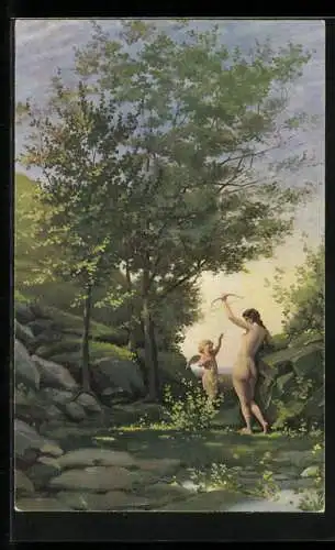 Künstler-AK Nymphe mit Amor unter einem Baum