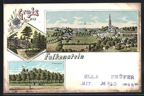 Lithographie Falkenstein / Vogtland, Promenade, Aufgang zum Wendelstein und Panorama