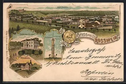 Lithographie Rosswein, Restaurant Gersdorf, Wettinschlösschen und Aussichtsturm in Böhringen b. Rosswein