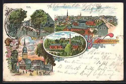 Lithographie Wermelskirchen, Eich, Marktplatz und Wasserwerk