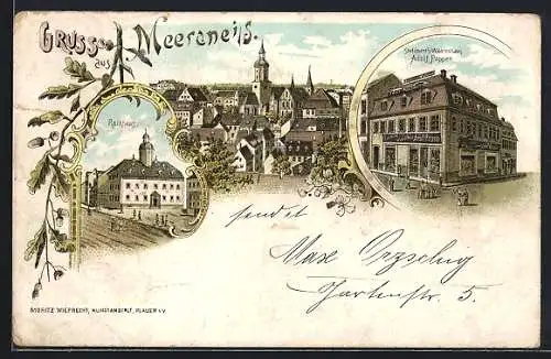 Lithographie Meerane, Sortiments-Waarenhaus Adolf Popper und Rathhaus