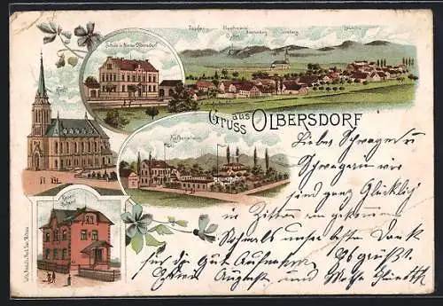 Lithographie Olbersdorf, Kaiserl. Postamt, Kaltenstein und Schule in Nieder-Olbersdorf