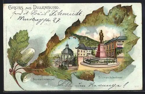 Passepartout-Lithographie Dillenburg, Bismarckdenkmal, Bismarcktempel, Eichenblatt