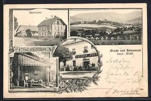 AK Bodenmais /Bayr. Wald, Gasthof zur Post, Marktplatz, Schänke im Postgarten