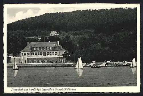 AK Wamel /Möhnesee, Hotel Standhof, Bes. A. Recklingloh u. Sohn, Blick vom Wasser aus