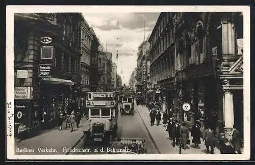 AK Berlin, Ansicht der Friedrichstrasse a.d. Behrenstrasse, Berliner Verkehr