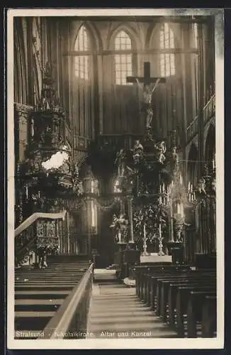 AK Stralsund, Nikolaikirche, Altar und Kanzel