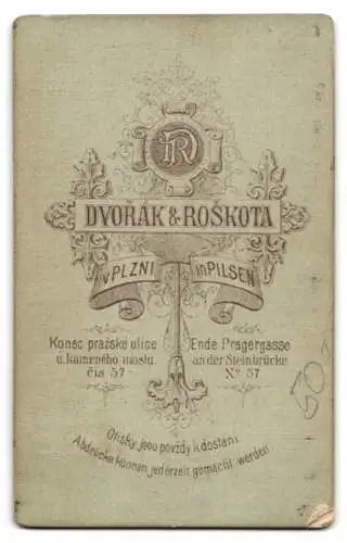 Fotografie Dvorák & Roškota, Pilsen, Pragergasse 57, Porträt eines Mannes mit Brille und Schnurrbart