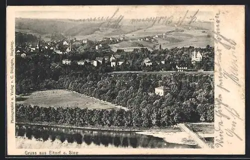 AK Eitorf, Panorama mit Bahnhof, um 1900