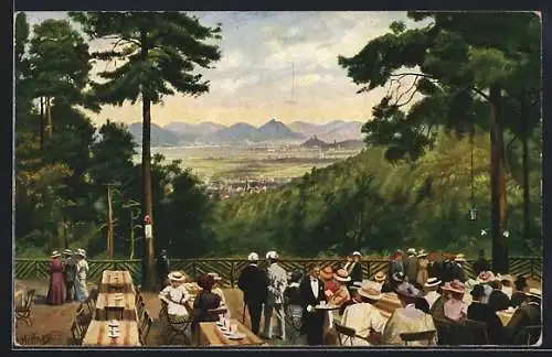 Künstler-AK Casselsruhe bei Bonn, Cafe mit Blick auf Godesberg und das Siebengebirge