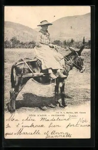 AK Paysanne, Bäuerin auf Esel in Tracht der Provence