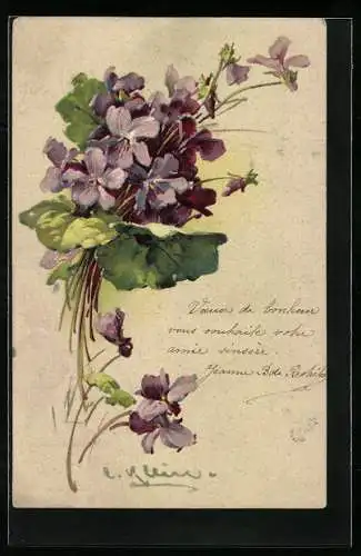 Künstler-AK Catharina Klein: Bouquet aus violetten Veilchen mit grünen Blättern