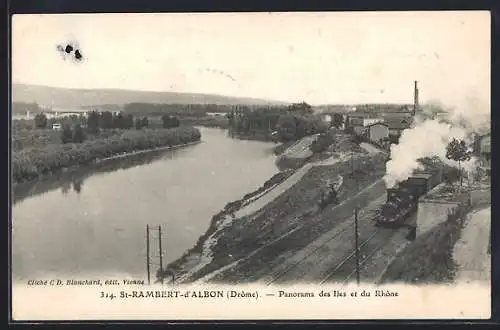 AK St-Rambert-d`Albon, Panorama des îles et du Rhône avec train à vapeur