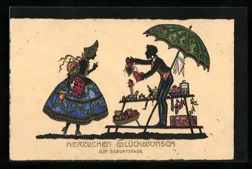 AK Eine Dame kauft ein Lebkurchenherz, Geburtstagskarte, Schattenbild