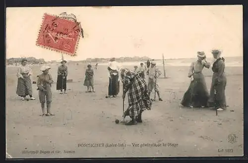 AK Pornichet, Vue générale de la plage avec des gens jouant au croquet