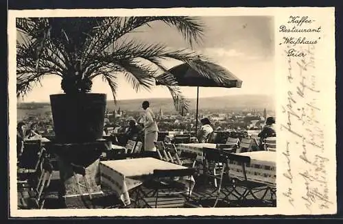 AK Trier, Café-Restaurant Weisshaus, Bes. Jakob Ahrweiler, Blick von der Terrasse