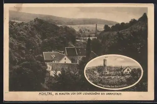 AK Mühltal / Odenwald, Totalansicht und Hotel-Restaurant Ludwigshöhe bei Darmstadt